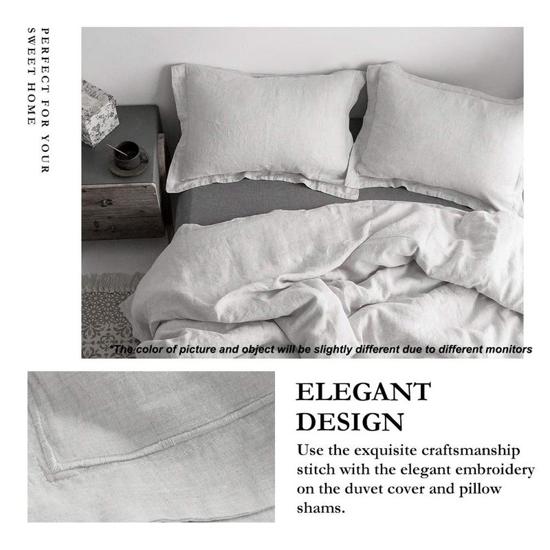 Simple&Opulence 100% Linen Duvet Cover Set with Embroidery Border Washed - 3 Pieces (1 Duvet Cover with 2 Pillow Shams) with Button Closure Soft Breathable Farmhouse - Light Grey, Queen Size - Image 2
